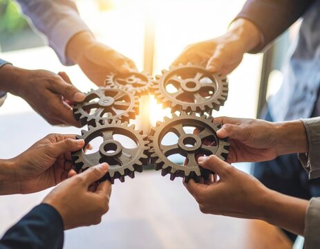 Collaborative Hands Interlocking Gears Teamwork and Bright Innovation Concept.