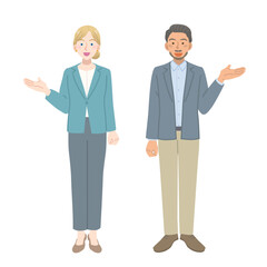 案内をするスーツを着た外国人の男女