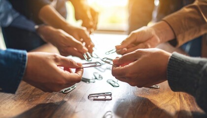 Collaborative Idea Generation Hands with Paperclips on Wooden Table Brainstorming Session.