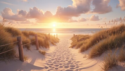 Obraz premium Serene beach scene at sunset with orange and pink sky. Warm atmosphere, golden glow, soft light. Sandy beach with grass, dark blue-green water. Ocean waves, beach landscape, tranquil evening.