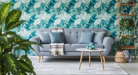 Modern living room design with tropical wallpaper and blue sofa for home interior inspiration