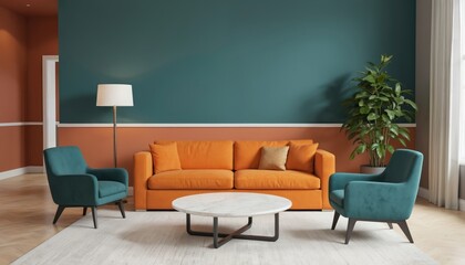Serene living room scene with teal accent wall. 3 chairs with cushions, tables, and plants in white vase on floor. Lamp and natural light from window with white blinds add warmth.