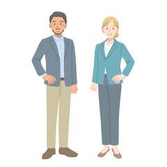 腰に手を当てるスーツを着た外国人の男女
