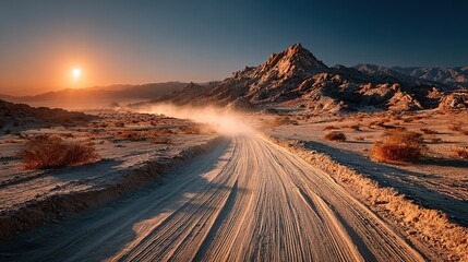 Tire Tracks Across a Sandy Desert Ridge at Sunset. High quality