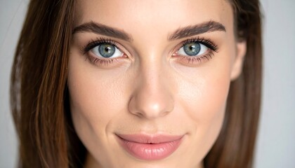 Fototapeta premium Beautiful woman with captivating blue eyes with soft skin, and natural makeup, and smiling.