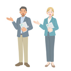 資料を持って案内をするスーツを着た外国人の男女