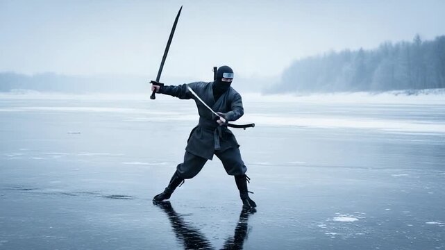 A ninja, clad in black, performs a sword kata on a frozen lake, a misty winter landscape forming the backdrop.