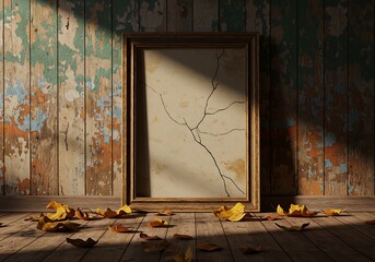 Cracked frame against peeling wall with scattered autumn leaves