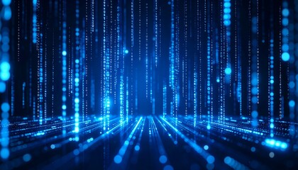 Abstract digital rain; blue light streaks converge on a dark background