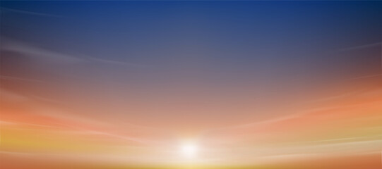 Sunset,Sky clouds over sea in Autumn Evening in Blue,Orange,Yellow Sunlight and Background,Horizon Nature landscape dusk sky with sun dawn in summer,Vector Horizon morning sunrise by sea