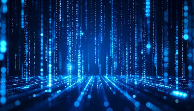 Abstract digital rain; blue light streaks converge on a dark background