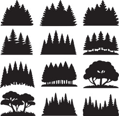 Silhouette vector set of various trees elements in black outline design