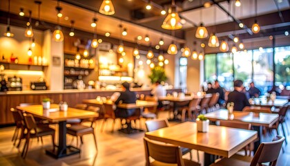 Blurred image of a brightly lit cafe with wooden tables and chairs, customers seated, and pendant lights