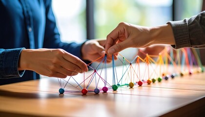 Collaborative Network Hands Connecting Colorful String Art Teamwork Concept.