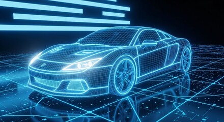 Futuristic car design concept with blue neon grid background for automotive industry innovation showcase