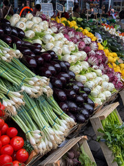Vegetables well organized and presented on the food market. Torvehallerne food market in...