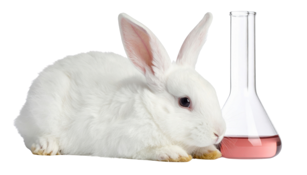 A white rabbit with pink ears lies beside a laboratory flask containing a pink liquid.