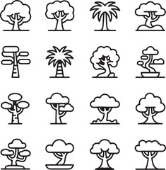 Vector illustration set of various trees with weather-themed icons and nature elements