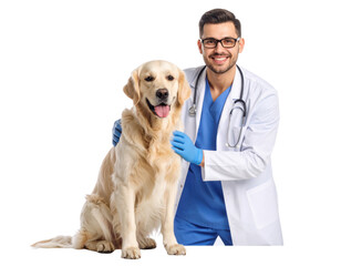 A male veterinarian in a white coat and blue scrubs smiles while gently holding a happy golden retriever sitting beside him.