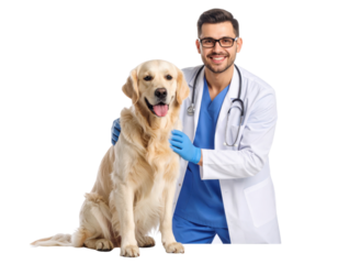 A male veterinarian in a white coat and blue scrubs smiles while gently holding a happy golden retriever sitting beside him.