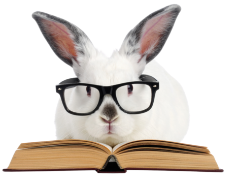 A white rabbit wearing black glasses rests its head on an open book, appearing studious and focused.