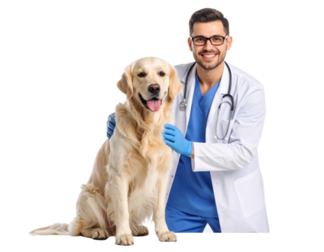 A male veterinarian in a white coat and blue scrubs smiles while gently holding a happy golden retriever sitting beside him. - Powered by Adobe