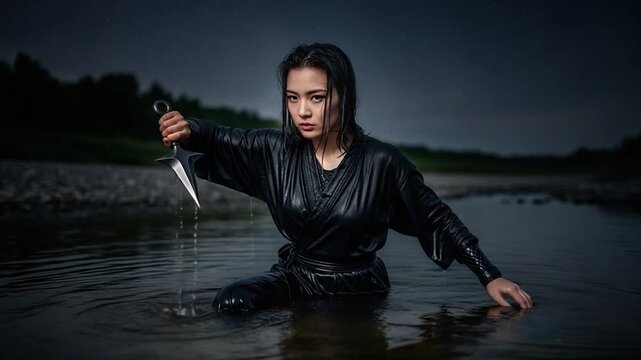 A young woman, clad in black, holds a dagger while kneeling in a shallow river at twilight.
