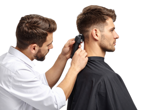 A barber trims a man's hair using electric clippers, both focused on the haircut against a black background.