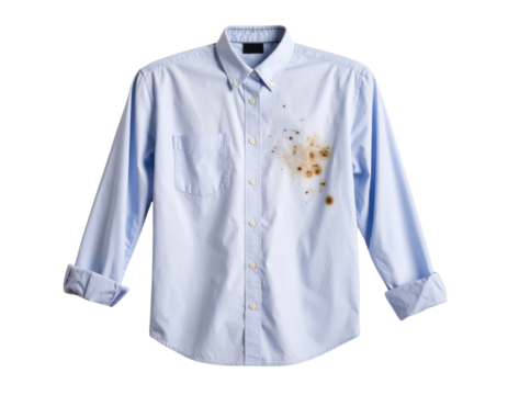 A light blue button-up shirt with long sleeves rolled at the cuffs, featuring multiple burn holes and scorch marks on the right chest area.