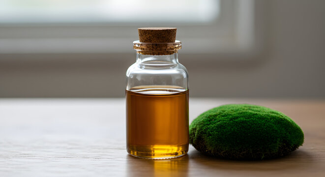 Golden elixir in a vintage bottle beside vivid green moss evokes natural healing