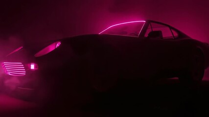 A mysterious silhouette of a sports car with pink neon lights on a foggy dark background a creative and futuristic image of luxury vehicles and design