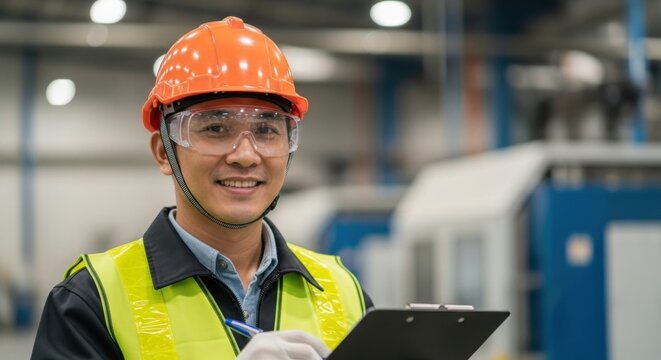Smiling Asian Factory Worker in Safety Gear Holding Clipboard, Manufacturing Inspection