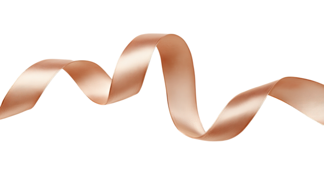 A swirled, rose-gold ribbon, with a glossy, smooth surface, against a black background.  It's a decorative element, suggesting celebration, gift-giving, or crafting