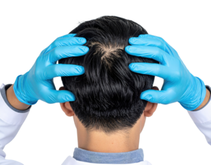 A person wearing blue medical gloves examines the scalp of their head, focusing on hair and skin health.