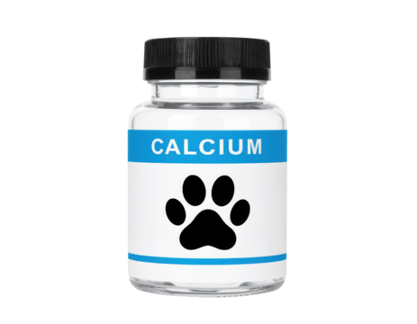 A small bottle labeled "Calcium" with a black paw print symbol on the front.