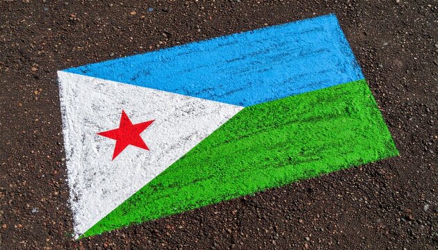 The national flag of Djibouti drawn with colorful chalk on a dark asphalt background, a symbol of Djiboutian pride