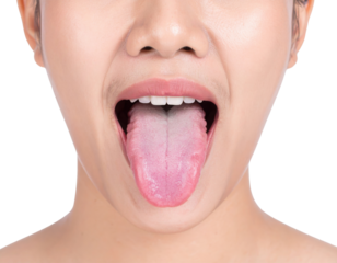 A close-up of a person with their mouth open, tongue extended, showing teeth and oral features against a black background.