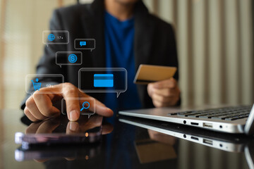 Business women use credit card to shopping online in internet website shop with smartphone on work...