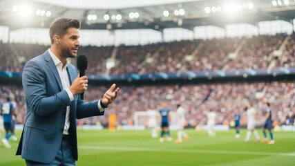 A professional male sportscaster with a microphone speaking in a stadium a professional and dynamic image of live sports and news reporting