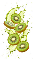 Juicy Kiwi Slices Splashing in Air with Green Juice Isolated on Clean White Background