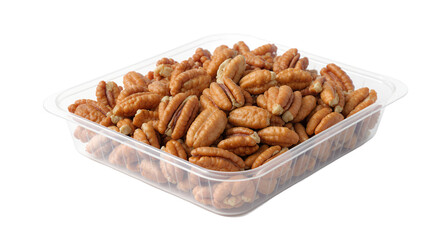 Pecan halves in a clear plastic container shelled nuts healthy snack food photography