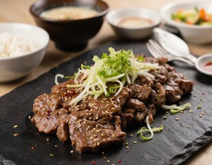 Rectangular stone platter with hearty meal on wooden surface. Food spread with meat, vegetables, noodles. Dark stone background contrasts with vibrant food colors. Well-prepared meal arrangement.