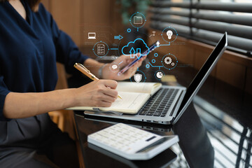 Hand touching secure access service edge icon on smartphone virtual screen background, password,...