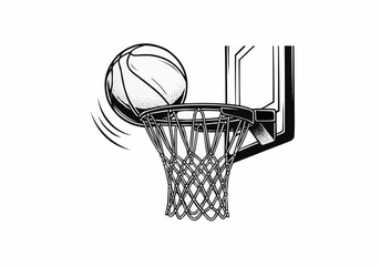 Basketball Soaring Through Hoop in Monochrome Illustration