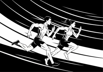 Runners Sprinting on Track in Black and White
