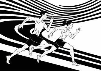 Runners Sprinting on Track in Black and White