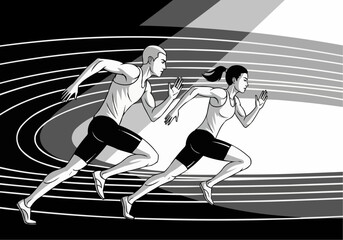 Runners Sprinting on Track in Black and White
