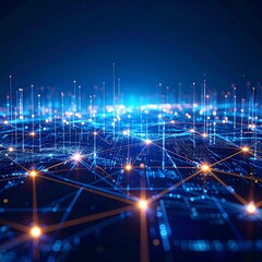 Abstract digital network, glowing nodes and lines forming a complex web, dark blue background