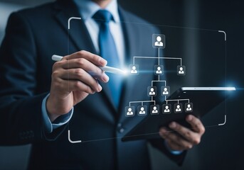 Business workflow process management concept. Digital transformation, Workflow automation system with data diagram of the hierarchical structure of departments in business organization.	
