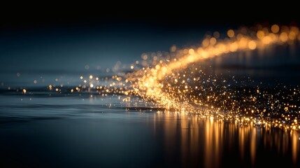 Abstract Gold Sparkles on Dark Water Surface Creating Dynamic Light Trail